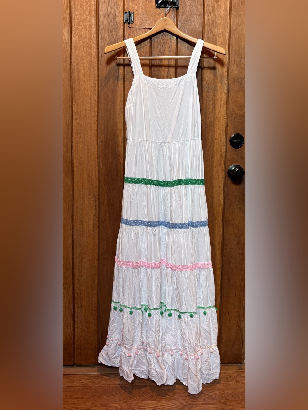 White Tiered Maxi Dress with Green, Blue & Pink Trim and Pom Pom Tassels.